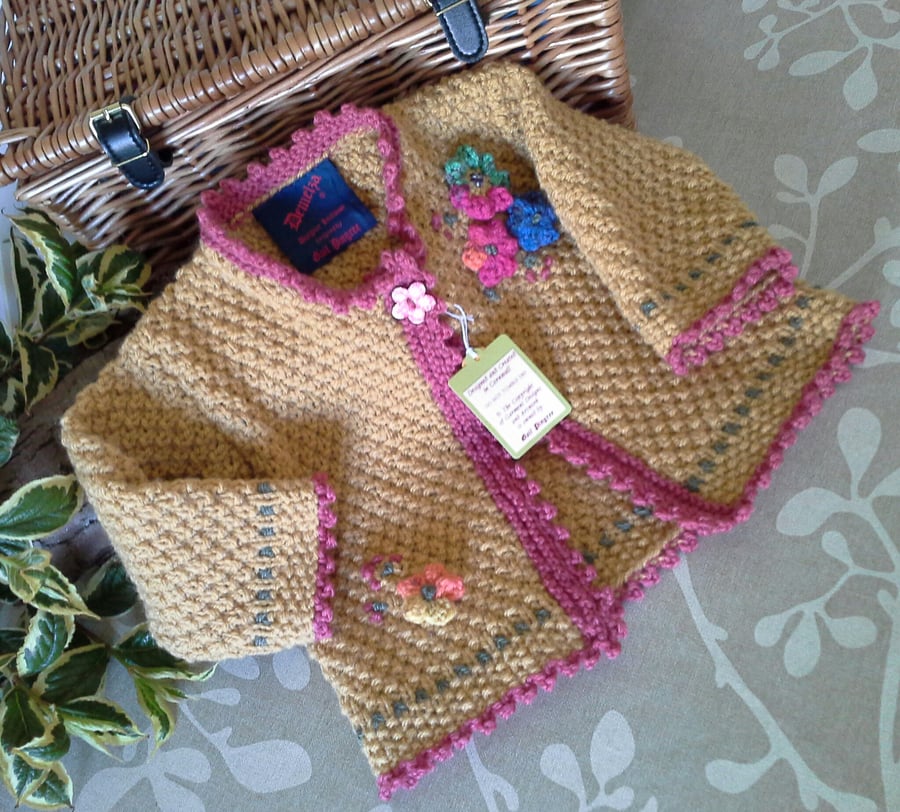 Textured Hand Knitter Baby Girl's Aran Jacket with Merino Wool 9-18 months