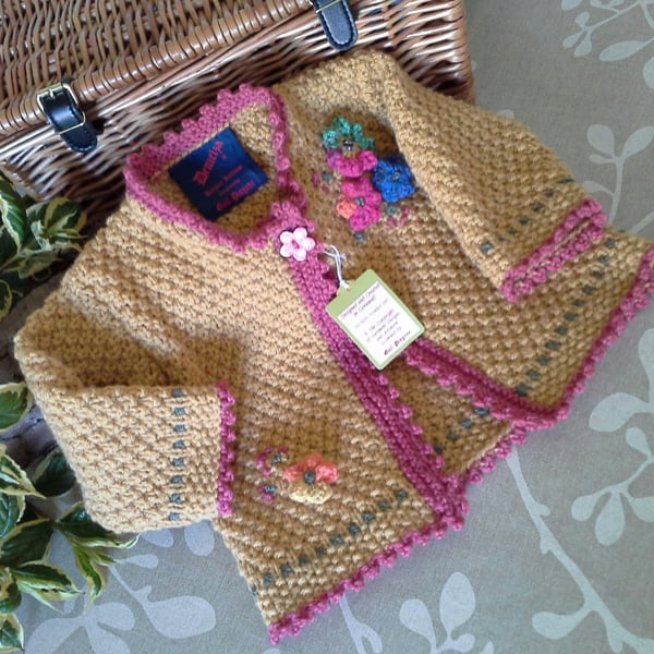  Textured Hand Knitter Baby Girl's Aran Jacket with Merino Wool 9-18 months