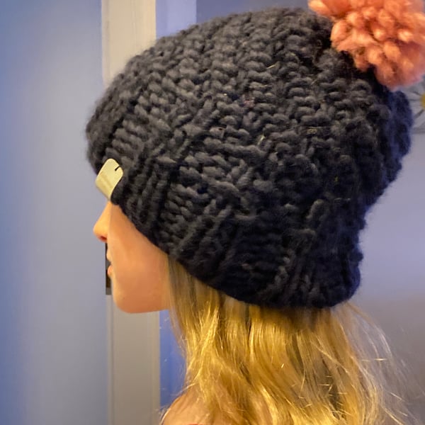 Hand knitted woollen bobble hat 