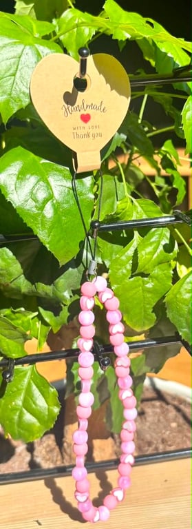 Handmade Pink Beaded Phone Charm with Heart Beads