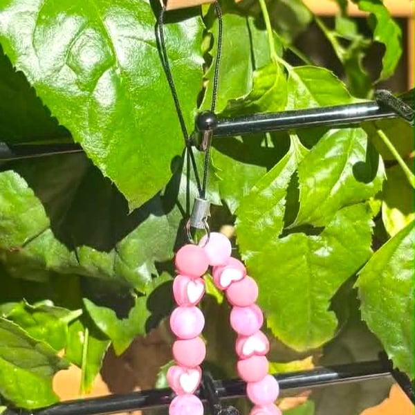 Handmade Pink Beaded Phone Charm with Heart Beads