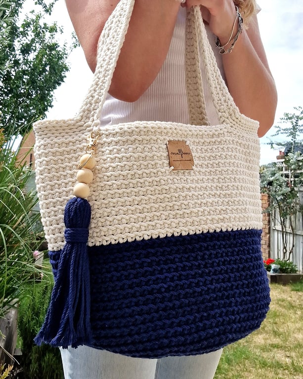 Striped Crochet Shoulder Bag - Handmade Cotton Boho Market Tote in Navy Blue &