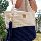 Striped Crochet Shoulder Bag - Handmade Cotton Boho Market Tote in Navy Blue &