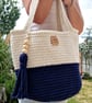 Cotton Crochet Shoulder Bag In Navy Blue & Natural Off White