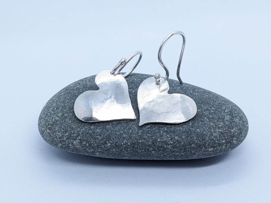 Silver heart earrings, Handmade silver earrings, Heart drop earrings