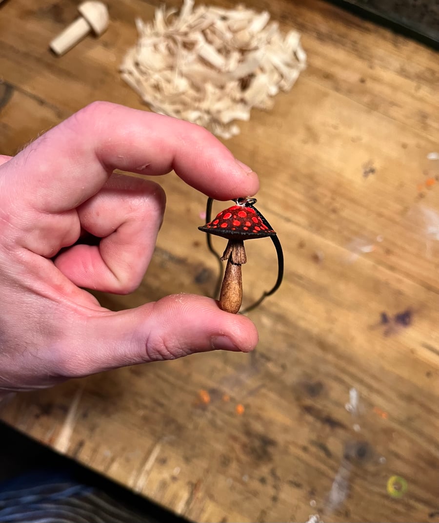 Hand Carved Red and Black Emo Mushroom Pendant 