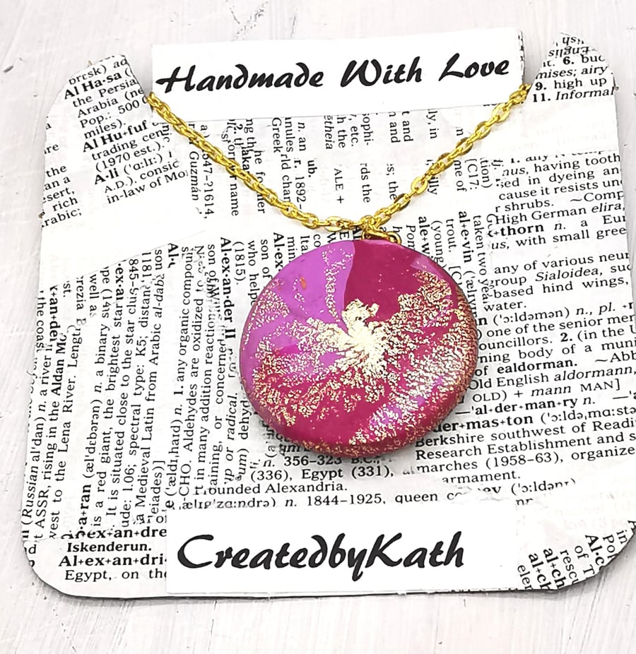 Dreamy Gold Shimmer, Pink Swirl Round Pendent on Chain. Handmade, Polymer Clay.