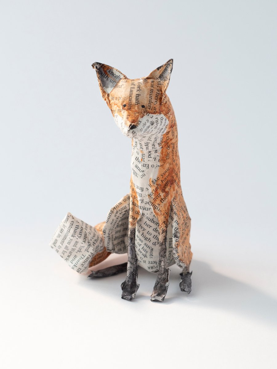 Jester Sitting Paper Mache Fox Sculpture
