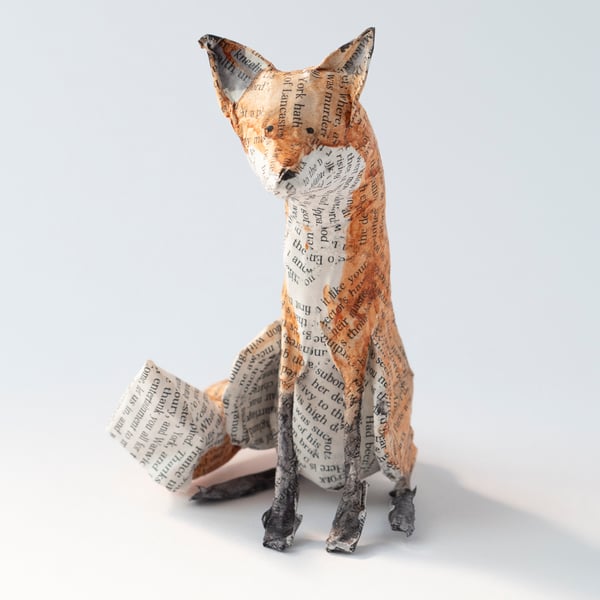 Jester Sitting Paper Mache Fox Sculpture