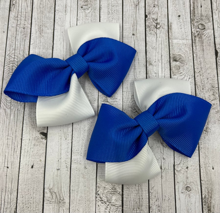 Royal Blue and White Diagonal Double with Bows on Clips (pair)