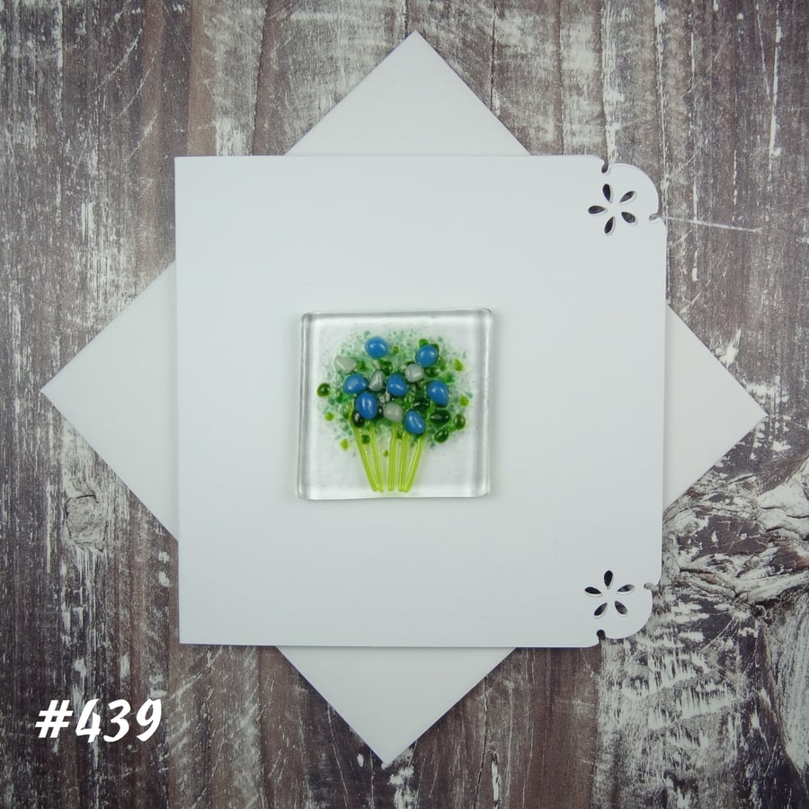 Blue & white flowers handcrafted fused glass greeting card, blank inside (439)