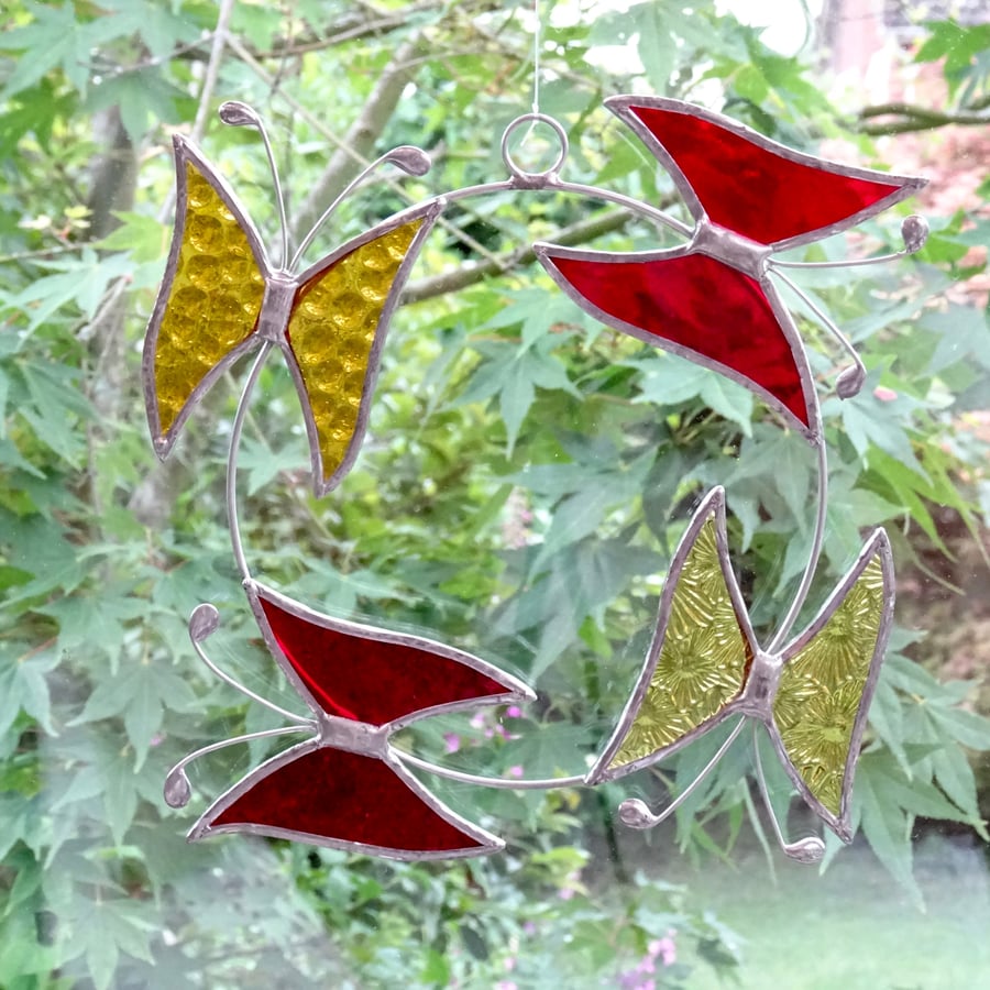 Small Butterfly Circle  Suncatcher - Handmade Hanging Decoration - Red and Amber