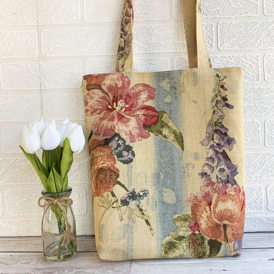 Cottage garden floral tote bag with foxgloves