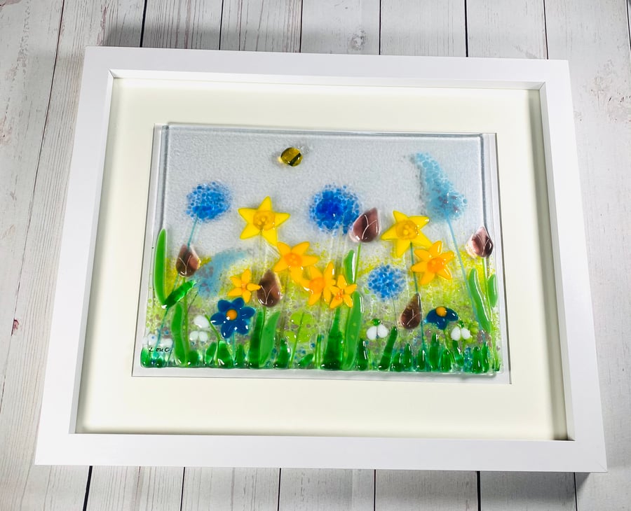 “Spring” daffodils meadows fused glass art 
