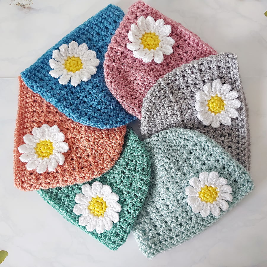 Handmade Crochet Baby Daisy Beanie Hat, Sizes Newborn to 2 Years, Made To Order