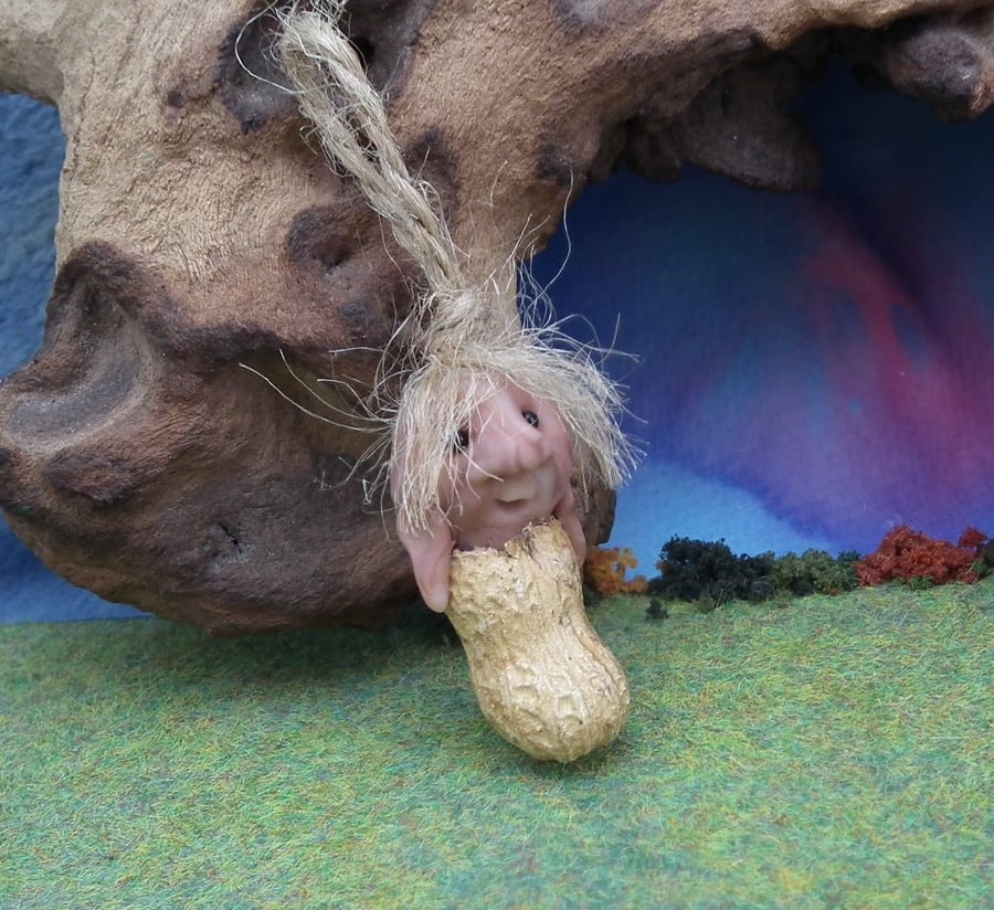 Seed Podling Gnome 'Priscilla' in peanut shell 2" OOAK Sculpt by Ann Galvin