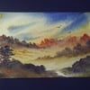 aceo SFA original miniature watercolour painting Misty landscape 