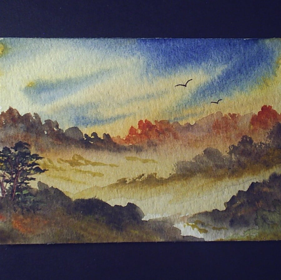 aceo SFA original miniature watercolour painting Misty landscape 