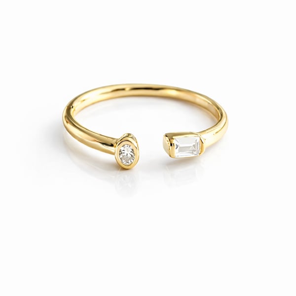 14k Gold plated open band adjustable ring with double crystal inserts