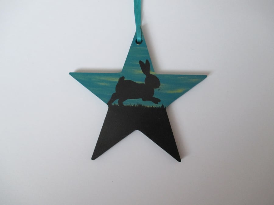 Silhouette Bunny Rabbit Star Hand Painted Hanging Decoration Turquoise