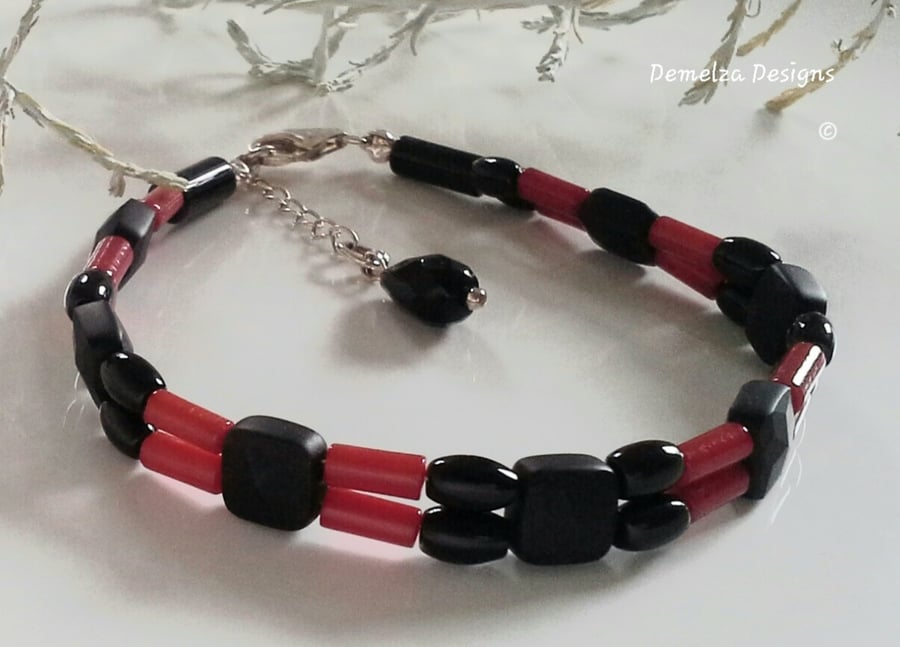 Red Bamboo Coral & Black Onyx Sterling silver bracelet
