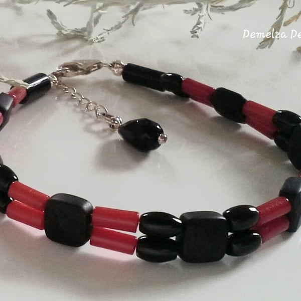 Unique Eco Reclaimed Red Coral & Black Onyx Sterling silver bracelet
