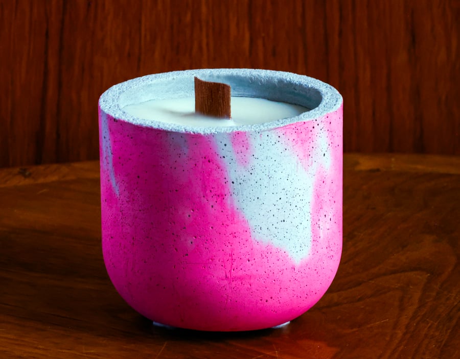 grey and pink concrete cast candle holdrs with red roses scented soy wax
