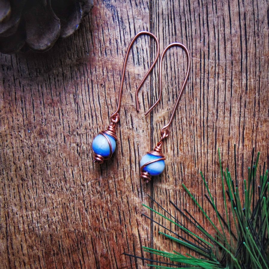 Handmade Copper Wire Wrapped Lampwork Glass Bead Earrings Organic Artisan Design