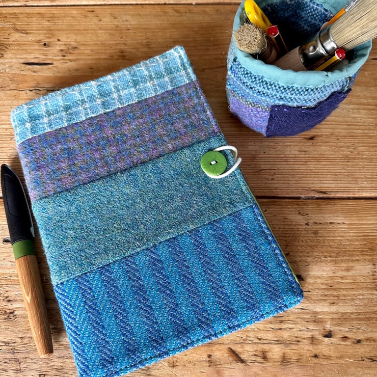 Notebook & Patchwork Journal Cover in Blue & Green Vintage Welsh Tweeds