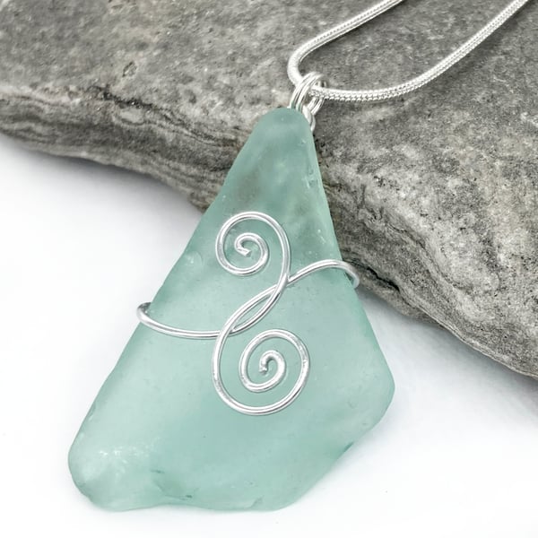 Sea Glass Pendant - Aqua Green - Silver Wire Wrapped Celtic Necklace Jewellery
