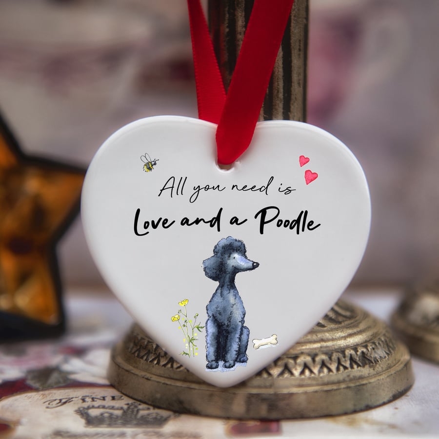 Love and a Poodle Black Ceramic Heart