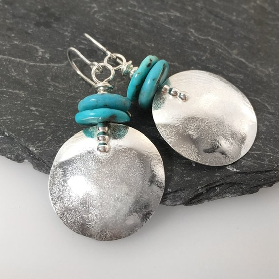 Large round silver and bright turquoise earrings 