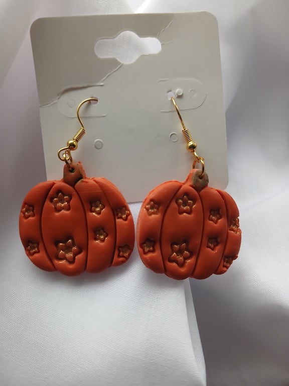  Terracotta Clay Pumpkin Earrings with Gold Stars, Hypoallergenic Autumn Dangles