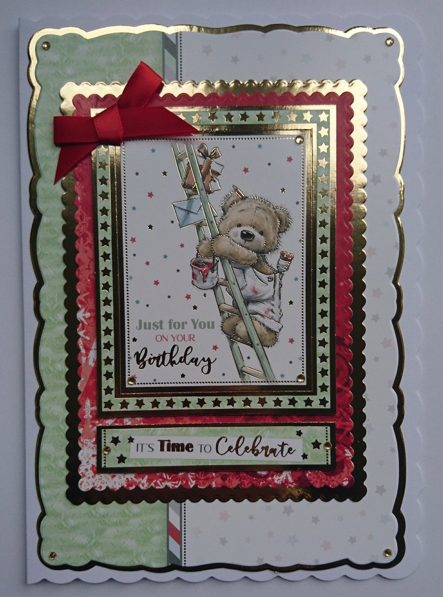 DIY Birthday Card Celebrate Birthday Teddy Bear Painting Decorating Ladder