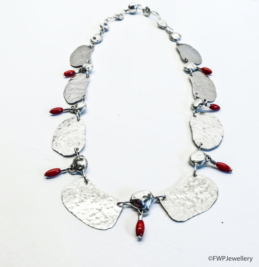 Silver Necklace with Red Coral Drops
