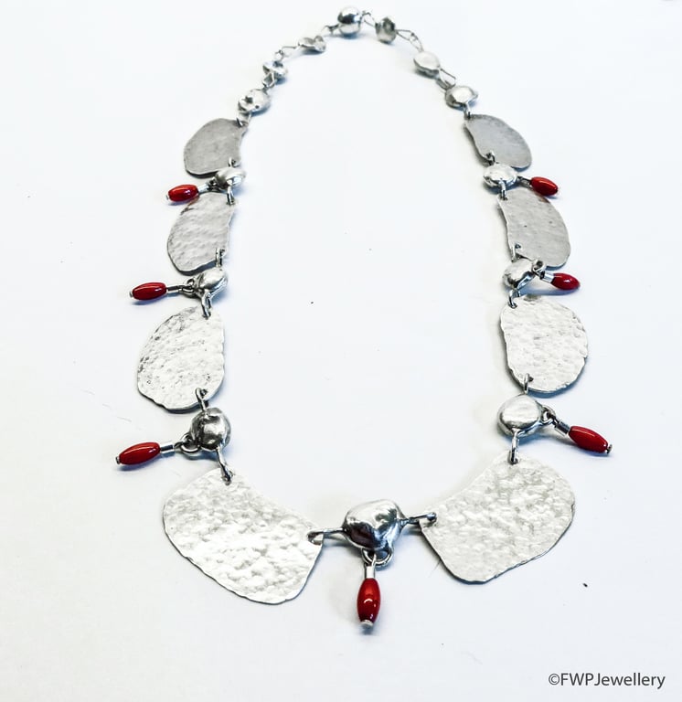 Silver Necklace with Red Coral Drops