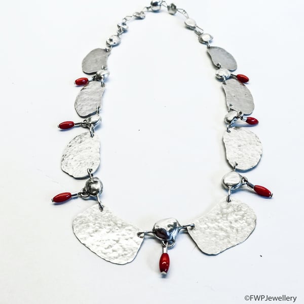 Silver Necklace with Red Coral Drops