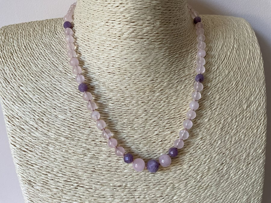 Rose Quartz and facet cut Sugilite hand knotted silver necklace 17.5”