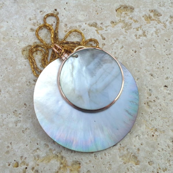 Magnifying glass lens with mother of pearl shell pendant long pendant chain