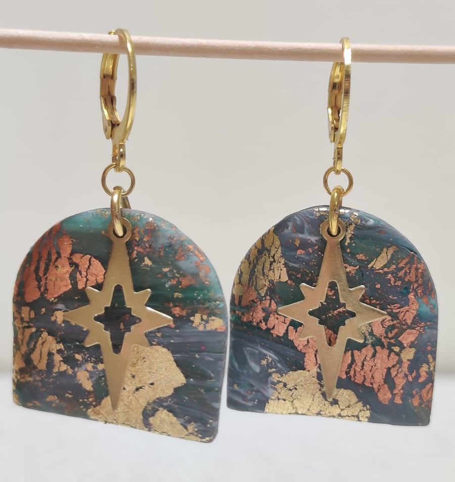 Gold grey marble star arch earrings