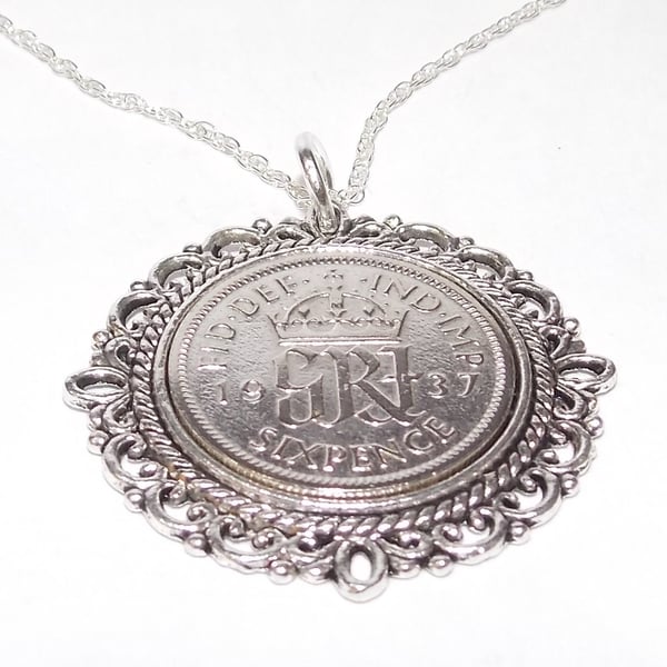 Fancy Pendant 1937 Lucky sixpence 87th Birthday plus a Sterling Silver 22in Chai