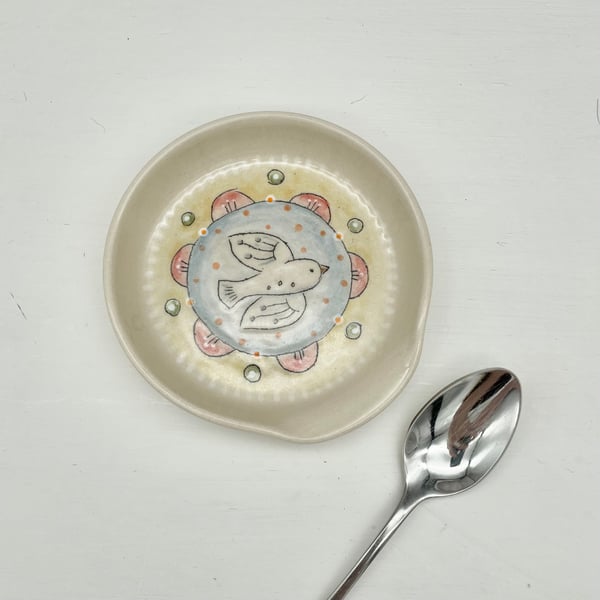 Pretty Trinket Dish Spoon Rest Soap Dish Bird Flower Handmade Pottery SR2