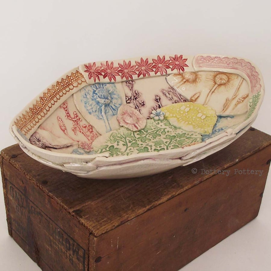 Ceramic bowl patchwork design bright flowers crackle glaze shabby chic handbuilt