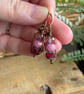 Ruby and Pink Czech Glass Earrings. Petite Wire Wrapped Antiqued Brass Earrings - Image 2
