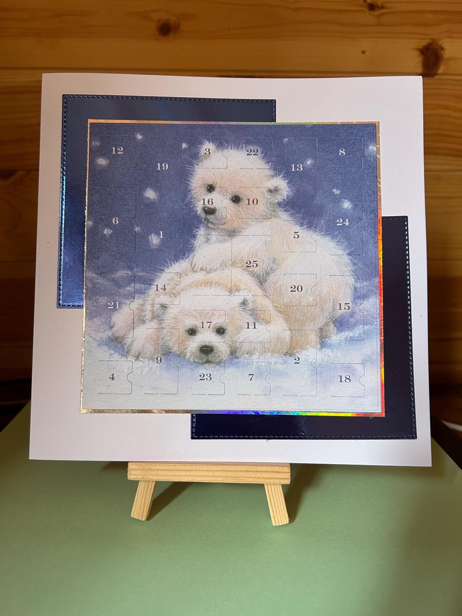 Playful Christmas cubs Advent Calendar Card Handmade 8 inch square card