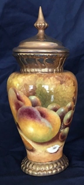 Worcester Fruit . Lidded bone china vase handpainted by Christopher Hughes