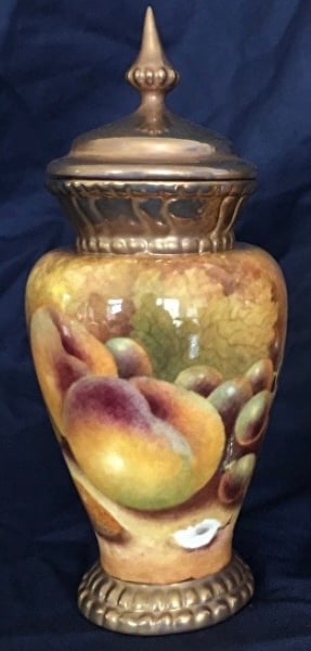 Worcester Fruit . Lidded bone china vase handpainted by Christopher Hughes