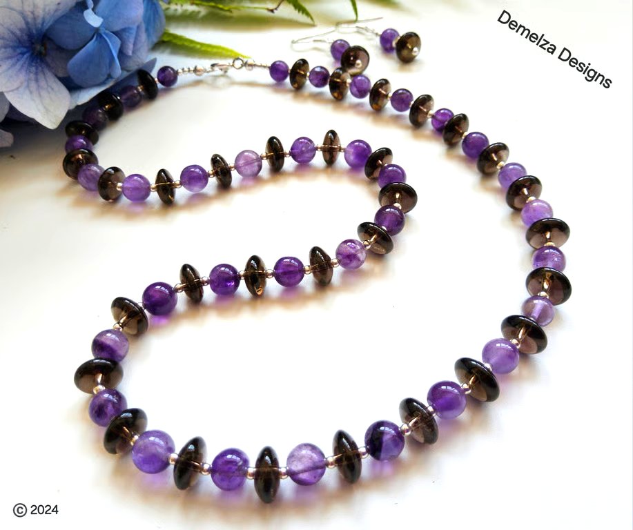 Designer Smokey Quartz & Amethyst Sterling Silver Necklace & Earrings Set