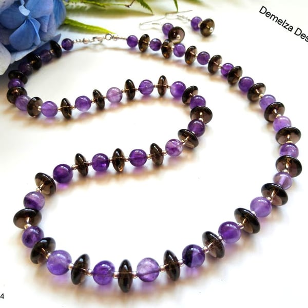 Designer Smokey Quartz & Amethyst Sterling Silver Necklace & Earrings Set