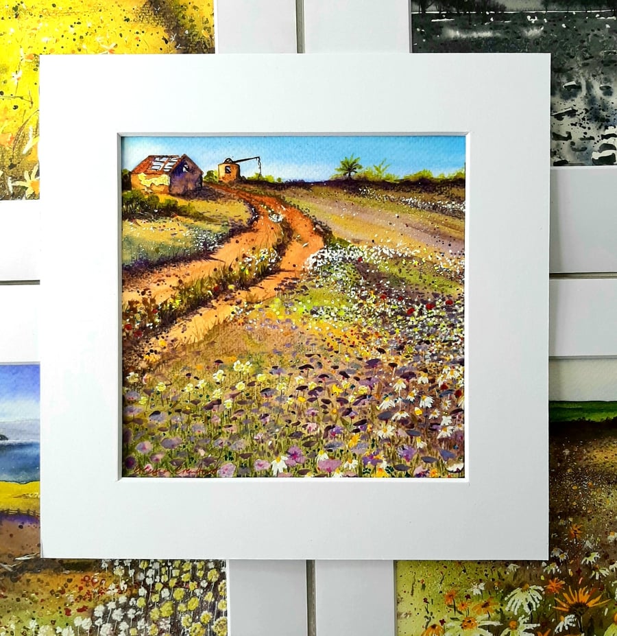 Watercolour Landscape Painting Of Ruined Barns And Windmill Free Post. Nature